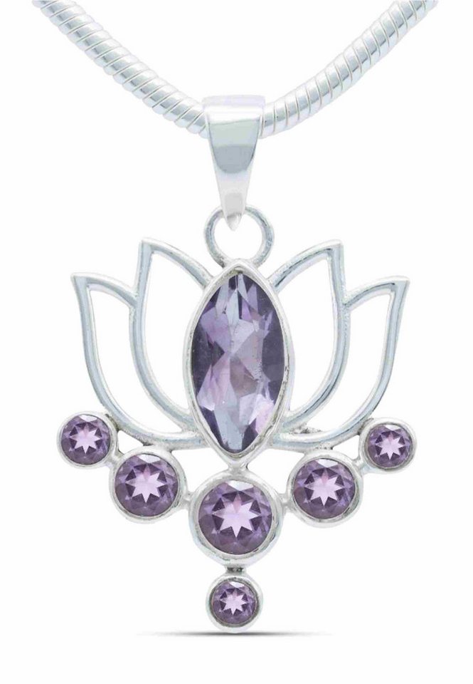 mantraroma Kette mit Anhänger LOTUS aus 925 Silber mit Amethyst facettiert (Kettenanhänger uns Kette), 925 Sterling Silber Ketten mit Kettenanhänger für Damen von mantraroma