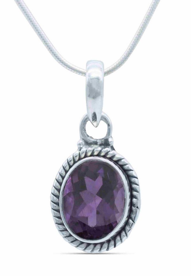 mantraroma Kette mit Anhänger LAVO oval klein aus 925 Silber mit Amethyst facettiert (Kettenanhänger uns Kette), 925 Sterling Silber Ketten mit Kettenanhänger für Damen von mantraroma