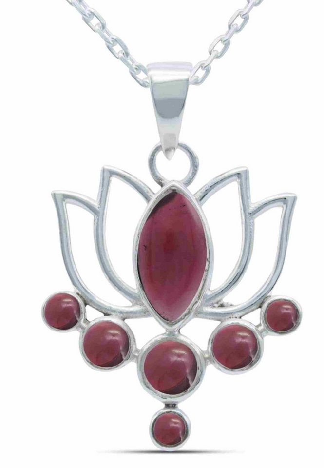 mantraroma Kette mit Anhänger LOTUS aus 925 Silber mit Granat (Kettenanhänger uns Kette), 925 Sterling Silber Ketten mit Kettenanhänger für Damen von mantraroma