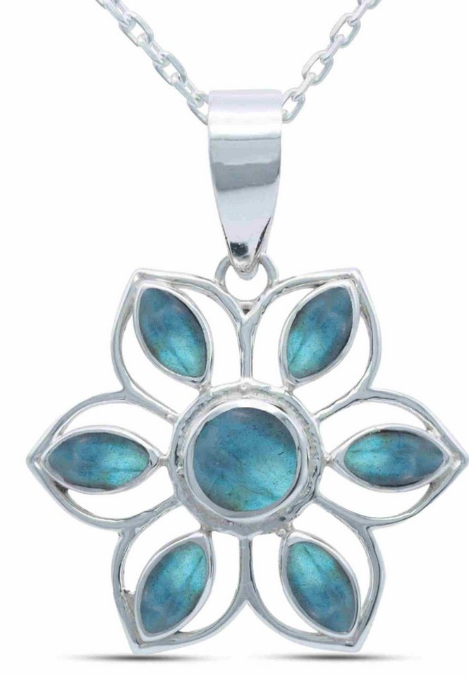 mantraroma Kette mit Anhänger MONGIRI aus 925 Silber mit Labradorit (Kettenanhänger uns Kette), 925 Sterling Silber Ketten mit Kettenanhänger für Damen von mantraroma