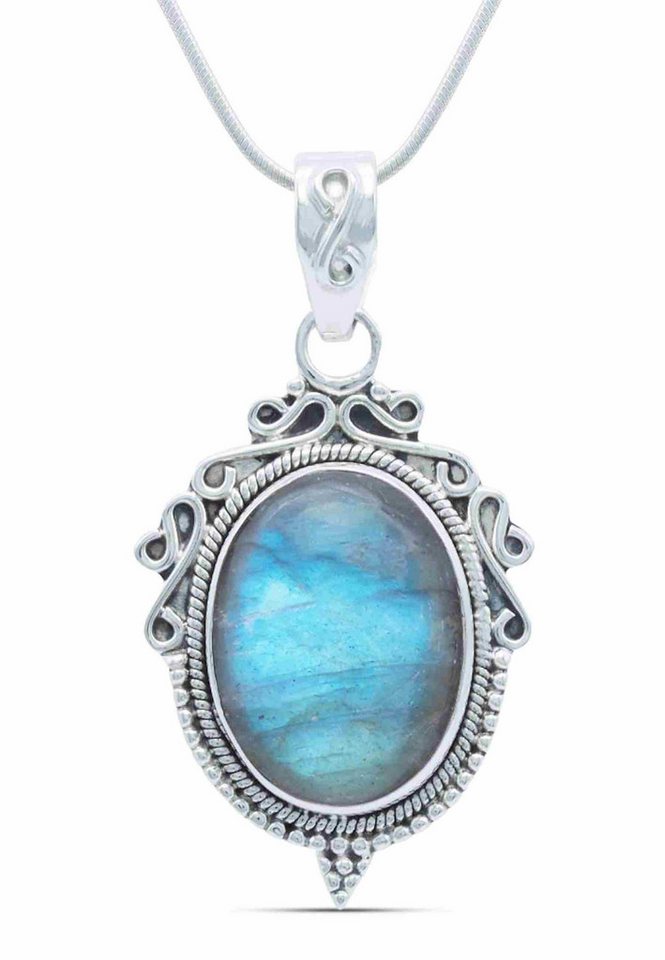 mantraroma Kette mit Anhänger BUNDERAN aus 925 Silber mit Labradorit (Kettenanhänger uns Kette), 925 Sterling Silber Ketten mit Kettenanhänger für Damen von mantraroma