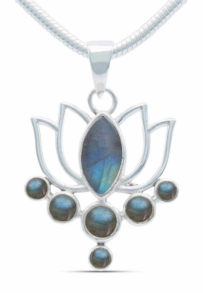 mantraroma Kette mit Anhänger LOTUS aus 925 Silber mit Labradorit (Kettenanhänger uns Kette), 925 Sterling Silber Ketten mit Kettenanhänger für Damen von mantraroma