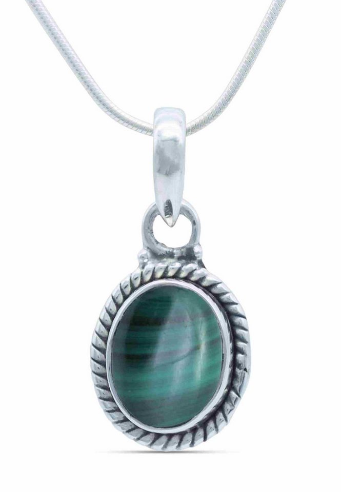 mantraroma Kette mit Anhänger LAVO oval klein aus 925 Silber mit Malachit (Kettenanhänger uns Kette), 925 Sterling Silber Ketten mit Kettenanhänger für Damen von mantraroma