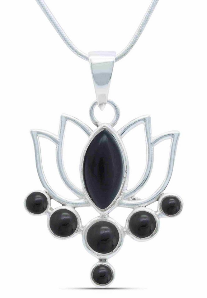 mantraroma Kette mit Anhänger LOTUS aus 925 Silber mit Onyx (Kettenanhänger uns Kette), 925 Sterling Silber Ketten mit Kettenanhänger für Damen von mantraroma