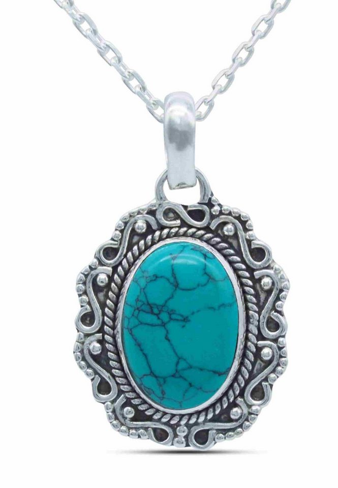 mantraroma Kette mit Anhänger KATUVA oval aus 925 Silber mit Türkis (Kettenanhänger uns Kette), 925 Sterling Silber Ketten mit Kettenanhänger für Damen von mantraroma