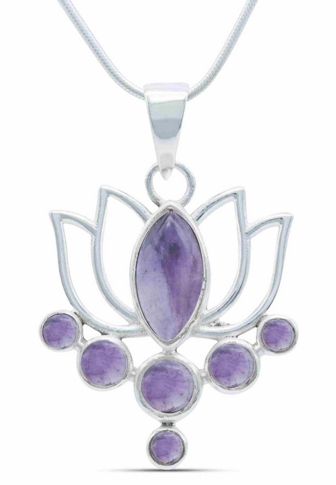 mantraroma Kette mit Anhänger LOTUS aus 925 Silber mit Amethyst (Kettenanhänger uns Kette), 925 Sterling Silber Ketten mit Kettenanhänger für Damen von mantraroma