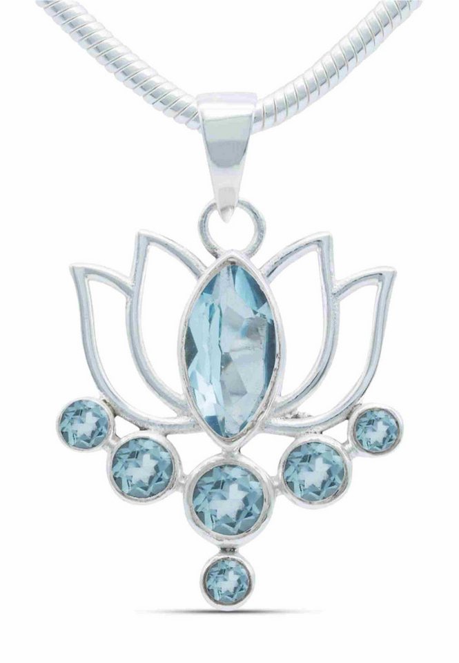 mantraroma Kette mit Anhänger LOTUS aus 925 Silber mit blau Topas (Kettenanhänger uns Kette), 925 Sterling Silber Ketten mit Kettenanhänger für Damen von mantraroma