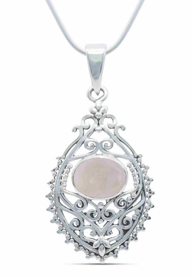 mantraroma Kette mit Anhänger PRETAN aus 925 Silber mit Rosenquarz (Kettenanhänger uns Kette), 925 Sterling Silber Ketten mit Kettenanhänger für Damen von mantraroma