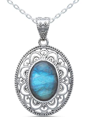 mantraroma Kettenanhänger 925 Silber Labradorit grün blauer Stein Edelstein Kettenanhänger Damen Sterling Silber Halskette Anhänger Geschenk (AK1-131-05-60) von mantraroma