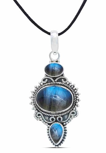 mantraroma Kettenanhänger 925 Silber Labradorit grün blauer Stein Edelstein Kettenanhänger Damen Sterling Silber Halskette Anhänger Geschenk (MAH-076-05) von mantraroma