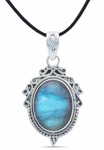 mantraroma Kettenanhänger 925 Silber Labradorit grün blauer Stein Edelstein Kettenanhänger Damen Sterling Silber Halskette Anhänger Geschenk (MAH-124-05) von mantraroma