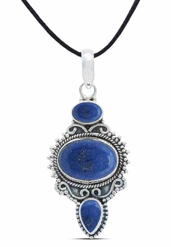 mantraroma Kettenanhänger 925 Silber Lapis Lazuli blauer Stein Edelstein Kettenanhänger Damen Sterling Silber Halskette Anhänger Geschenk (MAH-076-06) von mantraroma