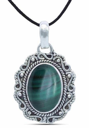 mantraroma Kettenanhänger 925 Silber Malachit grüner gestreifter Stein Edelstein Kettenanhänger Damen Sterling Silber Halskette Anhänger Geschenk (MAH-106-10) von mantraroma