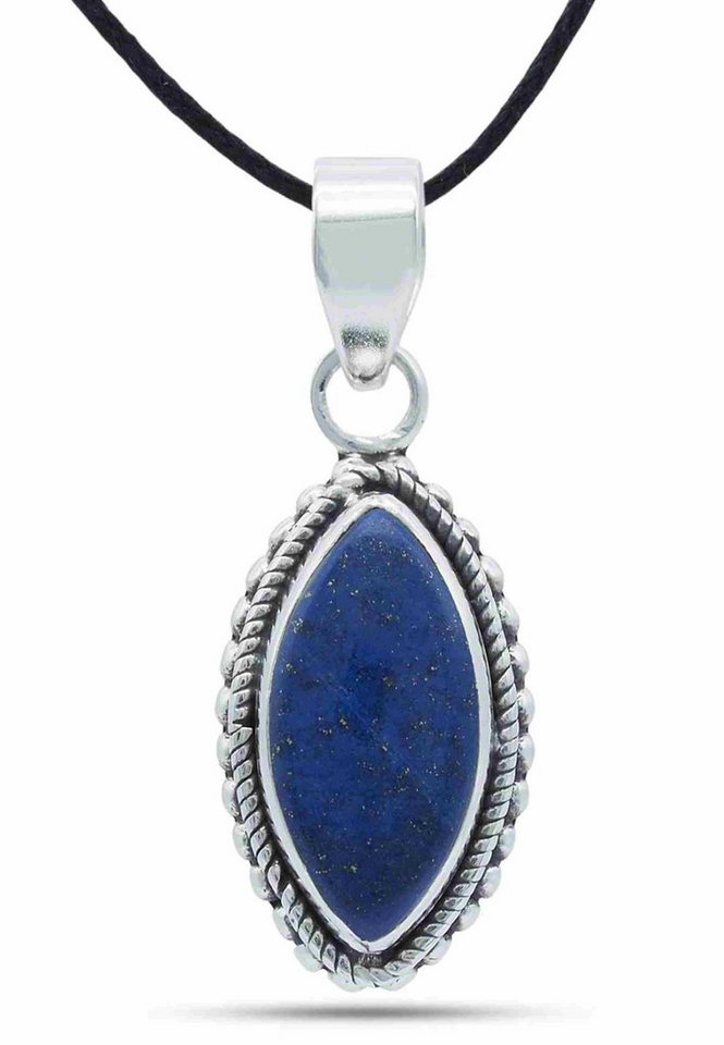 mantraroma Kettenanhänger ANGALI aus 925 Silber mit Lapis Lazuli (Kettenanhänger am Baumwollband im Schmuckbeutel), 925 Sterling Silber Kettenanhänger für Damen von mantraroma