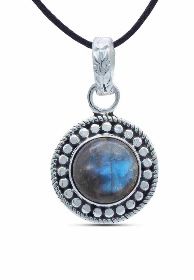 mantraroma Kettenanhänger KUMAWAY groß aus 925 Silber mit Labradorit (Kettenanhänger am Baumwollband im Schmuckbeutel), 925 Sterling Silber Kettenanhänger für Damen von mantraroma