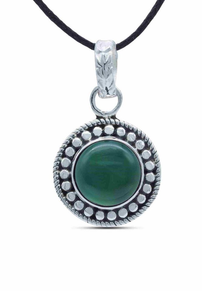 mantraroma Kettenanhänger KUMAWAY groß aus 925 Silber mit grünen Onyx (Kettenanhänger am Baumwollband im Schmuckbeutel), 925 Sterling Silber Kettenanhänger für Damen von mantraroma