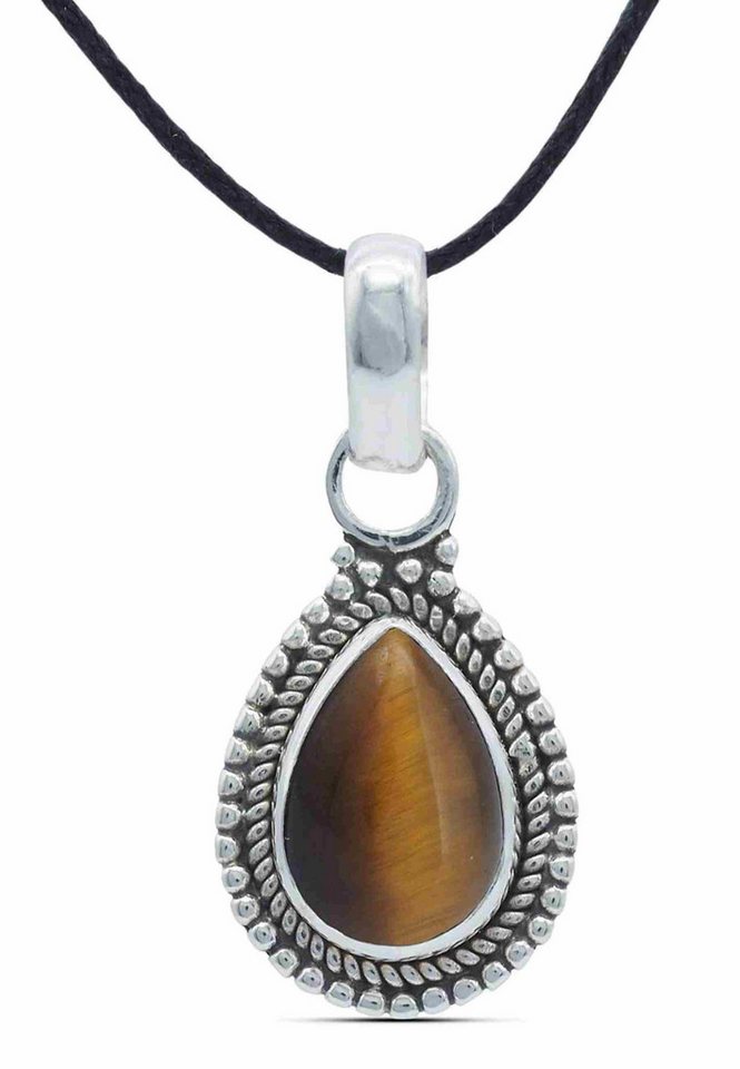 mantraroma Kettenanhänger NILA Tropfen aus 925 Silber mit Tigerauge (Kettenanhänger am Baumwollband im Schmuckbeutel), 925 Sterling Silber Kettenanhänger für Damen von mantraroma