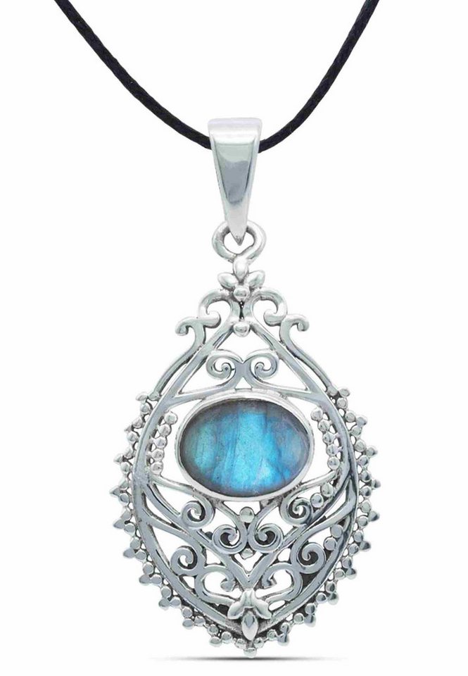 mantraroma Kettenanhänger PRETAN aus 925 Silber mit Labradorit (Kettenanhänger am Baumwollband im Schmuckbeutel), 925 Sterling Silber Kettenanhänger für Damen von mantraroma