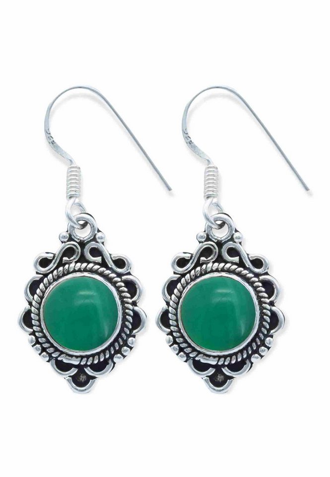 mantraroma Paar Ohrhänger MALANG aus 925 Silber mit grünen Onyx (Paar, Paar Ohrringe mit Schmuckbeutel), 925 Sterling Silber Ohrringe für Damen von mantraroma