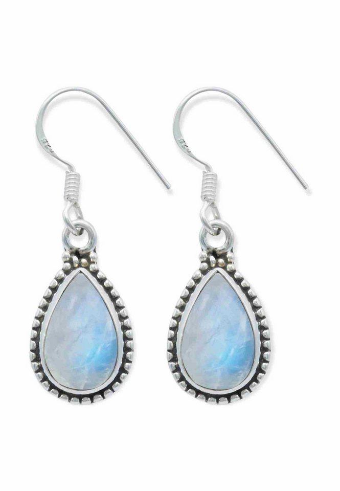 mantraroma Paar Ohrhänger PUNTI aus 925 Silber mit Regenbogen Mondstein (Paar, Paar Ohrringe mit Schmuckbeutel), 925 Sterling Silber Ohrringe für Damen von mantraroma