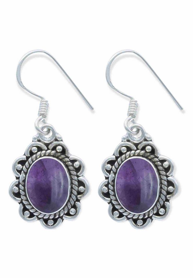 mantraroma Paar Ohrhänger TELINGA aus 925 Silber mit Amethyst (Paar, Paar Ohrringe mit Schmuckbeutel), 925 Sterling Silber Ohrringe für Damen von mantraroma