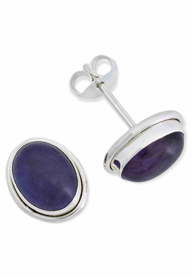 mantraroma Paar Ohrstecker SARALA oval medium aus 925 Silber mit Amethyst (Paar, Paar Ohrringe mit Schmuckbeutel), 925 Sterling Silber Ohrringe für Damen von mantraroma