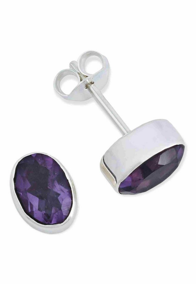 mantraroma Paar Ohrstecker SAMA oval aus 925 Silber mit Amethyst facettiert (Paar, Paar Ohrringe mit Schmuckbeutel), 925 Sterling Silber Ohrringe für Damen von mantraroma