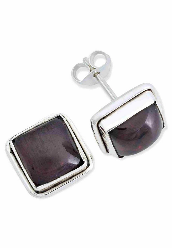 mantraroma Paar Ohrstecker SARALA eckig groß aus 925 Silber mit Granat (Paar, Paar Ohrringe mit Schmuckbeutel), 925 Sterling Silber Ohrringe für Damen von mantraroma