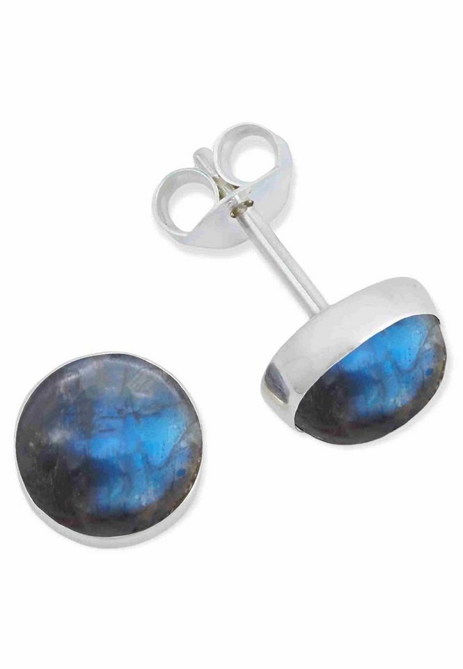 mantraroma Paar Ohrstecker SAMA rund medium aus 925 Silber mit Labradorit (Paar, Paar Ohrringe mit Schmuckbeutel), 925 Sterling Silber Ohrringe für Damen von mantraroma