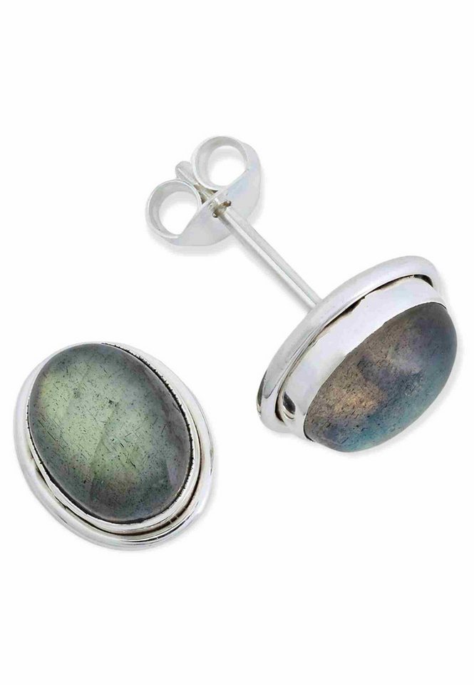 mantraroma Paar Ohrstecker SARALA oval medium aus 925 Silber mit Labradorit (Paar, Paar Ohrringe mit Schmuckbeutel), 925 Sterling Silber Ohrringe für Damen von mantraroma
