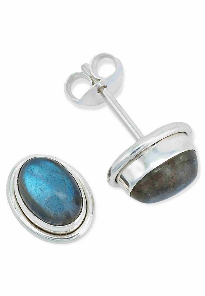 mantraroma Paar Ohrstecker SARALA oval klein aus 925 Silber mit Labradorit (Paar, Paar Ohrringe mit Schmuckbeutel), 925 Sterling Silber Ohrringe für Damen von mantraroma