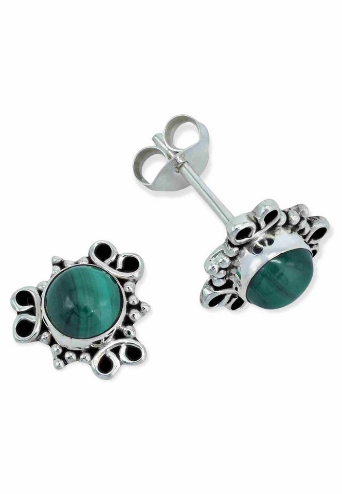 mantraroma Paar Ohrstecker ONDA aus 925 Silber mit Malachit (Paar, Paar Ohrringe mit Schmuckbeutel), 925 Sterling Silber Ohrringe für Damen von mantraroma