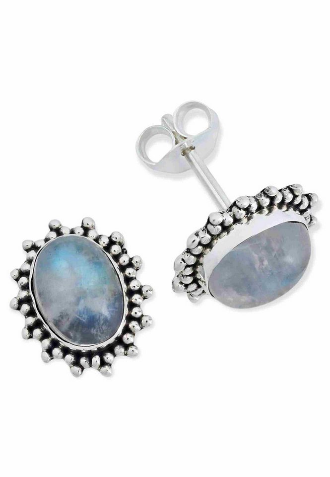 mantraroma Paar Ohrstecker BUWAN oval aus 925 Silber mit Regenbogen Mondstein (Paar, Paar Ohrringe mit Schmuckbeutel), 925 Sterling Silber Ohrringe für Damen von mantraroma