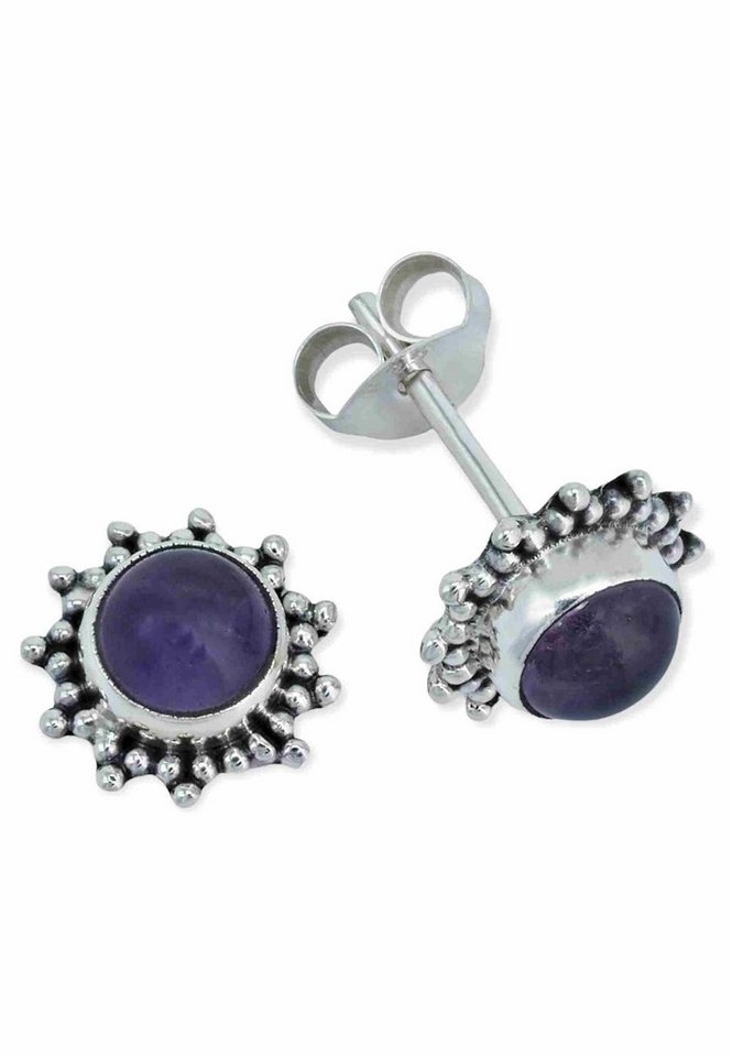 mantraroma Paar Ohrstecker BUWAN rund aus 925 Silber mit Amethyst (Paar, Paar Ohrringe mit Schmuckbeutel), 925 Sterling Silber Ohrringe für Damen von mantraroma