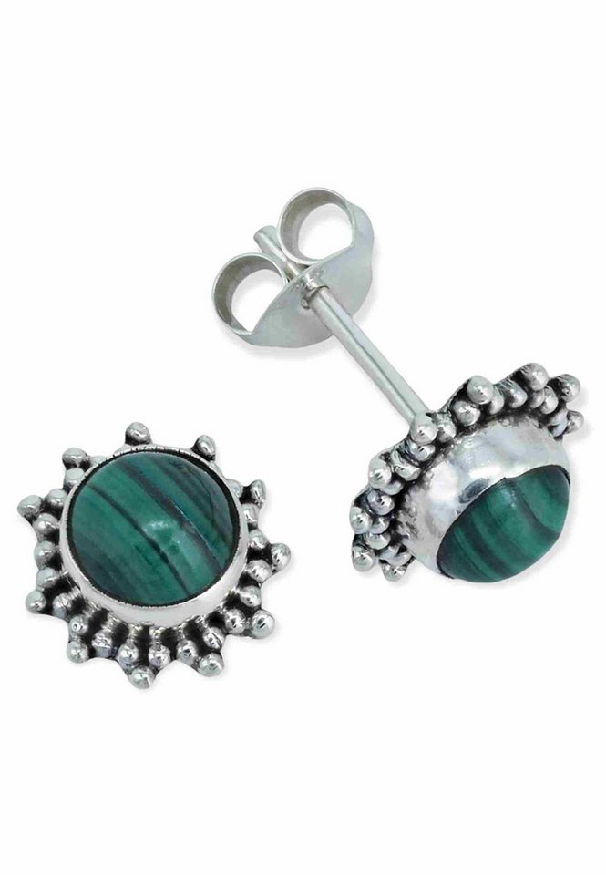 mantraroma Paar Ohrstecker BUWAN rund aus 925 Silber mit Malachit (Paar, Paar Ohrringe mit Schmuckbeutel), 925 Sterling Silber Ohrringe für Damen von mantraroma