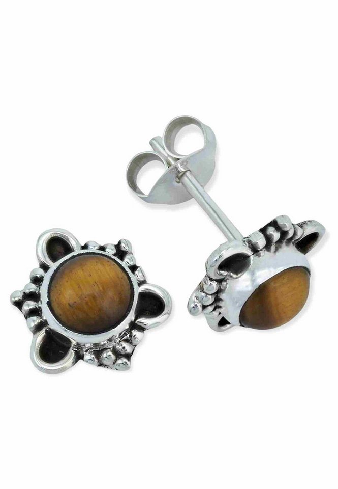 mantraroma Paar Ohrstecker PUATA aus 925 Silber mit Tigerauge (Paar, Paar Ohrringe mit Schmuckbeutel), 925 Sterling Silber Ohrringe für Damen von mantraroma