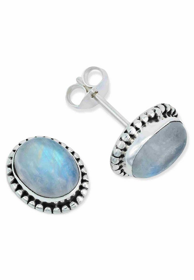 mantraroma Paar Ohrstecker PUNTI oval aus 925 Silber mit Regenbogen Mondstein (Paar, Paar Ohrringe mit Schmuckbeutel), 925 Sterling Silber Ohrringe für Damen von mantraroma