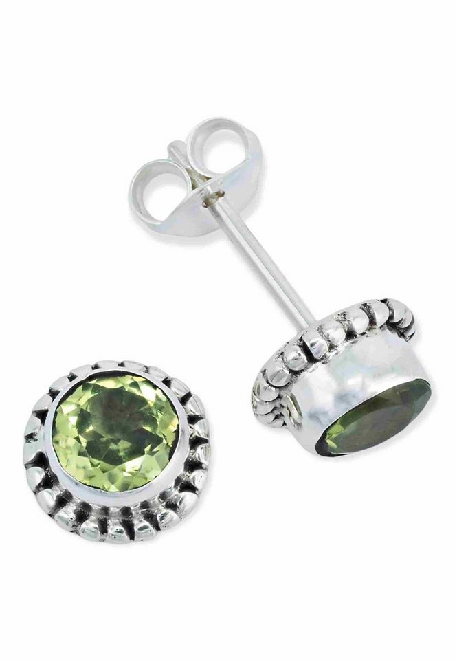 mantraroma Paar Ohrstecker PUNTI rund klein aus 925 Silber mit Peridot (Paar, Paar Ohrringe mit Schmuckbeutel), 925 Sterling Silber Ohrringe für Damen von mantraroma