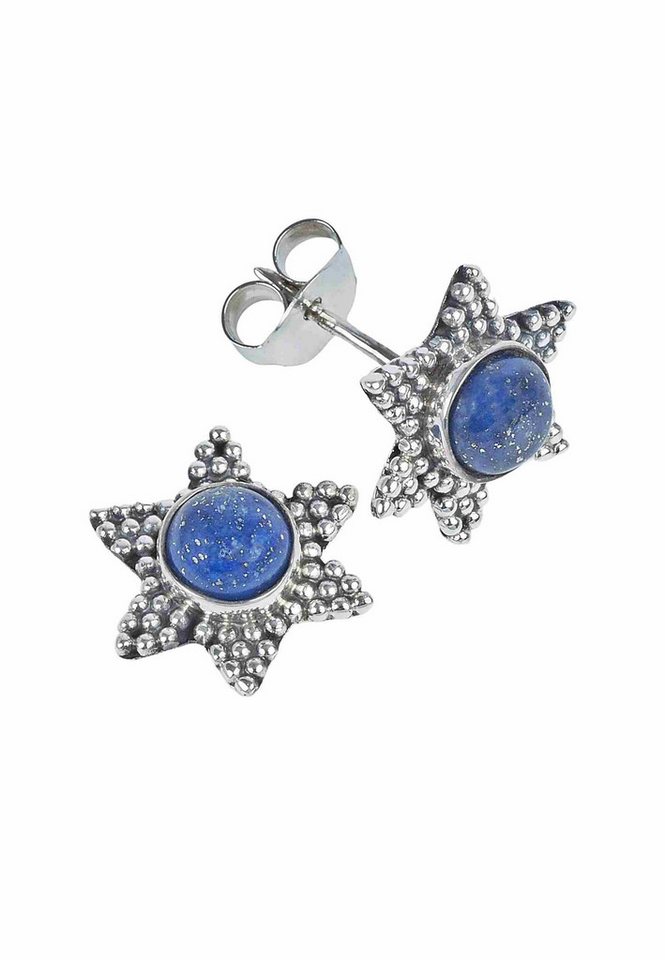 mantraroma Paar Ohrstecker STAR aus 925 Silber mit Lapis Lazuli (Paar, Paar Ohrringe mit Schmuckbeutel), 925 Sterling Silber Ohrringe für Damen von mantraroma