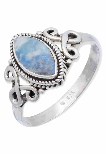 mantraroma Ring Damen Silber 925 Regenbogen Mondstein Edelstein weiß ausgefallen verspielt von mantraroma