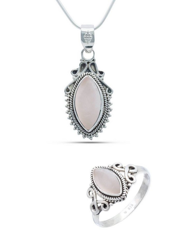 mantraroma Schmuckset 925er Silber mit Rosenquarz (Schmuckset aus 925 Silber) von mantraroma