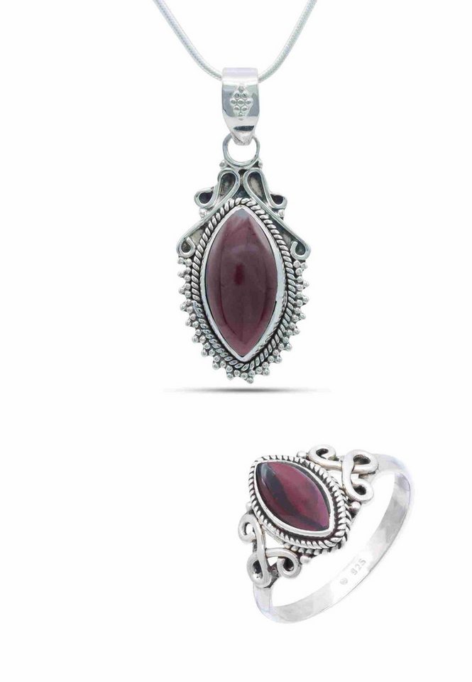 mantraroma Schmuckset ANULA echt 925 Silber mit Granat- Kette und Ring in passendem Design (Schmuckset in Schmuckdose) von mantraroma