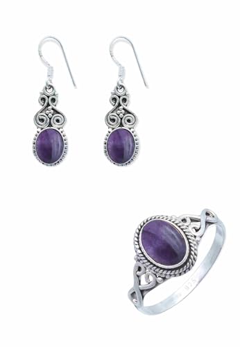 mantraroma Schmuckset echt 925 Silber mit Amethyst - Ohrringe und Ring in passendem Design (SET-018-01-58) von mantraroma