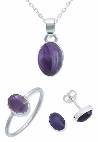 mantraroma Schmuckset echt 925 Silber mit Amethyst - Ring Kette Ohrringe passend in schlichtem Design (SET-023-01-60-45) von mantraroma