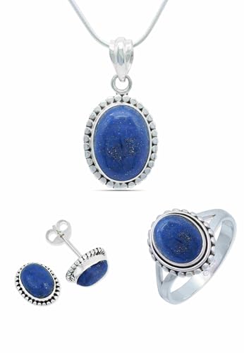 mantraroma Schmuckset echt 925 Silber mit Lapis Lazuli - Ring Kette Ohrringe in passendem Design (SET-011-06-54-45) von mantraroma