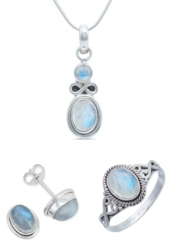 mantraroma Schmuckset echt 925 Silber mit Mondstein - Ring Kette Ohrringe in passendem Design (SET-005-04-48-50) von mantraroma