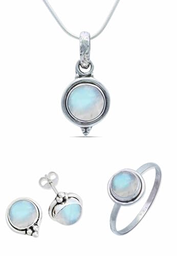 mantraroma Schmuckset echt 925 Silber mit Mondstein - Ring Kette Ohrringe in passendem Design (SET-014-04-56-50) von mantraroma