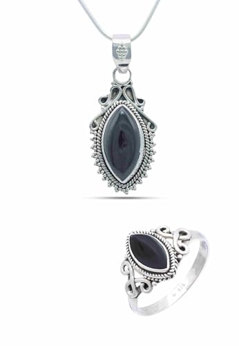 mantraroma Schmuckset echt 925 Silber mit Onyx - Kette und Ring in passendem Design (SET-010-03-56-55) von mantraroma