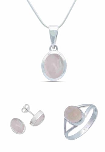 mantraroma Schmuckset echt 925 Silber mit Rosenquarz - Ring Kette Ohrringe in passendem Design (SET-016-07-56-40) von mantraroma