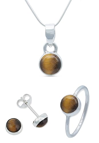 mantraroma Schmuckset echt 925 Silber mit Tigerauge - Ring Kette Ohrringe passend in schlichtem Design von mantraroma